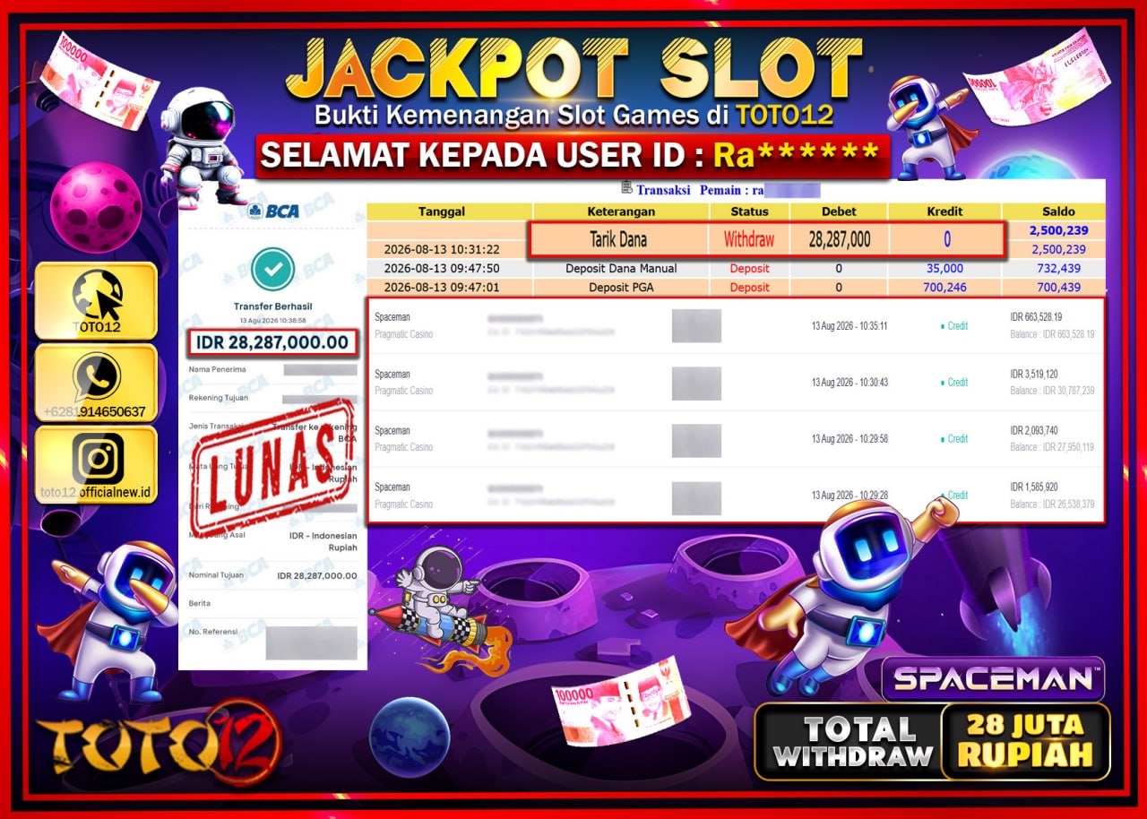 HANYA DI TOTO12 JP PASTI DI BAYAR LUNAS DAN CEPAT!!!!!! JACKPOT SLOT GAME (SPACEMAN) Rp28.287.000!!!!