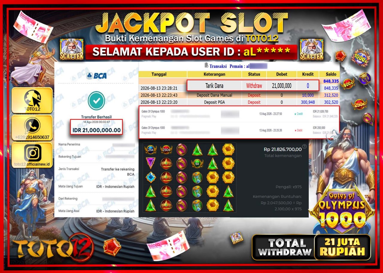 HANYA DI TOTO12 JP PASTI DI BAYAR LUNAS DAN CEPAT!!!!!! JACKPOT SLOT GAME (GATES OF OLYMPUS 1000) Rp21.000.000!!!!