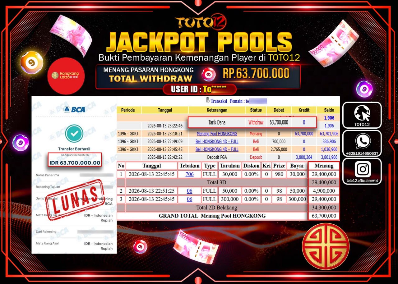 HANYA DI TOTO12 JP PASTI DI BAYAR LUNAS DAN CEPAT!!!!!! JACKPOT POOLS PASARAN (HONGKONG) Rp63.700.000!!!!