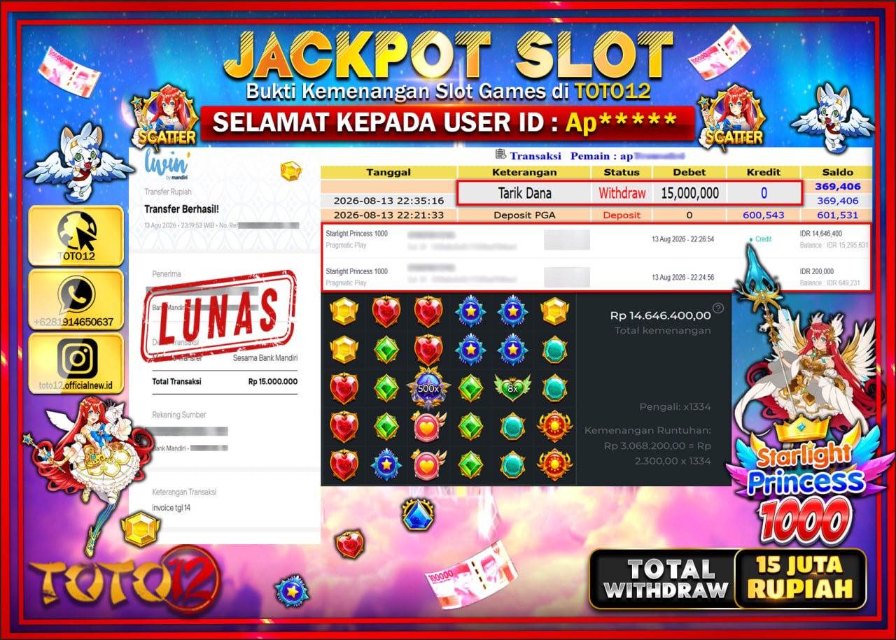 HANYA DI TOTO12 JP PASTI DI BAYAR LUNAS DAN CEPAT!!!!!! JACKPOT SLOT GAME (STARLIGHT PRINCESS 1000) Rp15.000.000!!!!