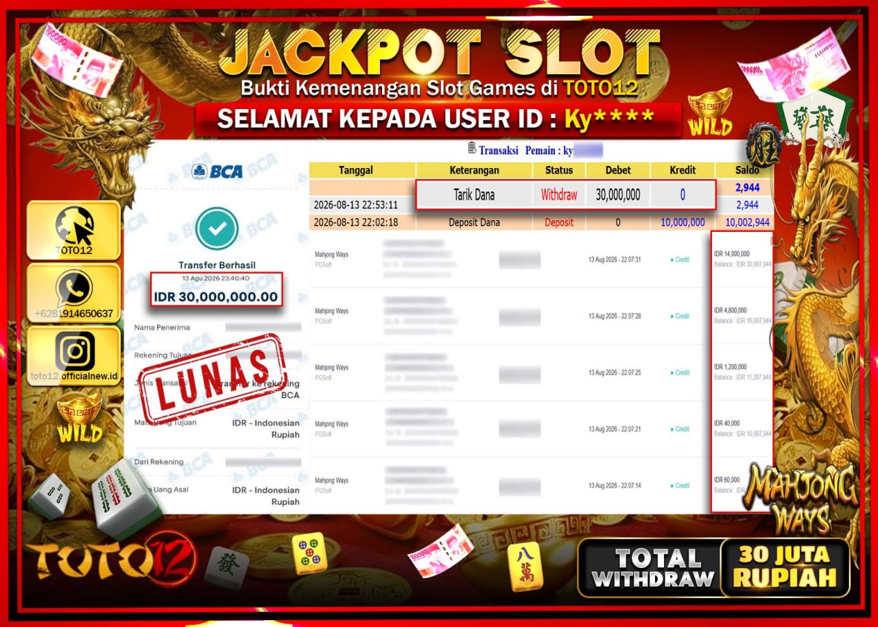 HANYA DI TOTO12 JP PASTI DI BAYAR LUNAS DAN CEPAT!!!!!! JACKPOT SLOT GAME (MAHJONG WAYS) Rp30.000.000!!!!