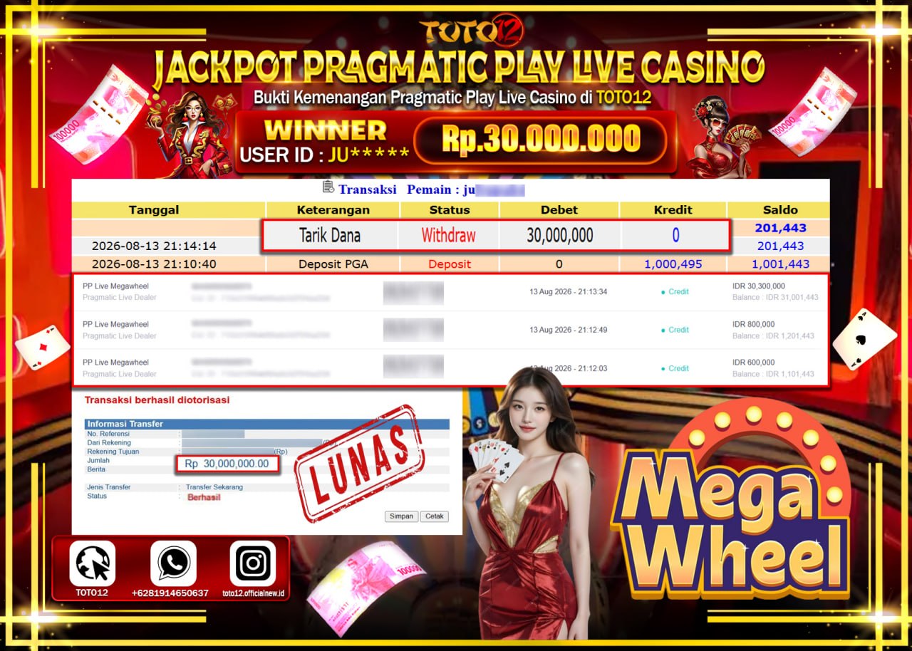 HANYA DI TOTO12 JP PASTI DI BAYAR LUNAS DAN CEPAT!!!!!! JACKPOT PRAGMATIC PLAY LIVE GAME CASINO (PP LIVE MEGAWHELL) Rp30.000.000!!!!