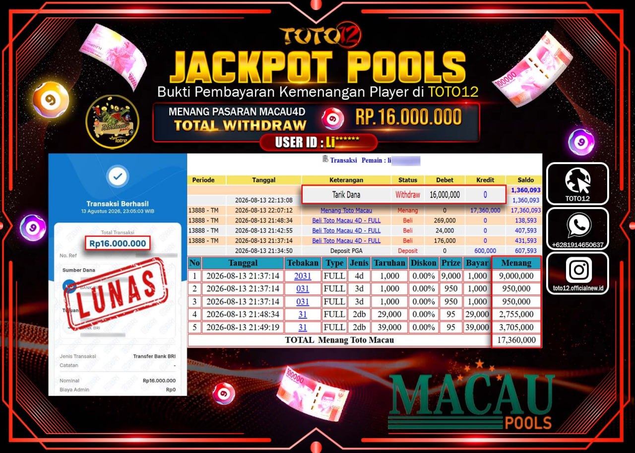 HANYA DI TOTO12 JP PASTI DI BAYAR LUNAS DAN CEPAT!!!!!! JACKPOT POOLS PASARAN (MACAU 4D) Rp16.000.000!!!!