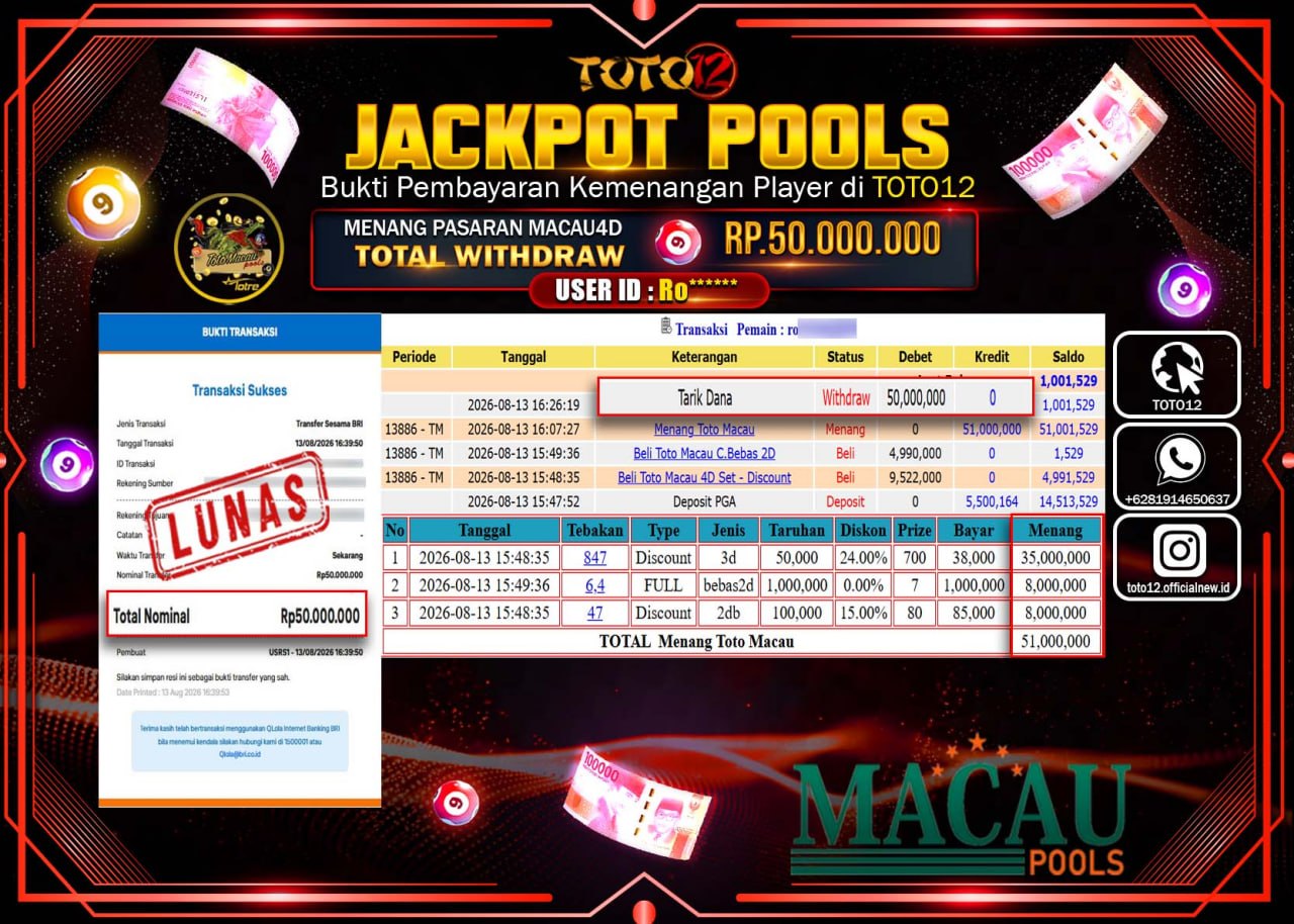 HANYA DI TOTO12 JP PASTI DI BAYAR LUNAS DAN CEPAT!!!!!! JACKPOT POOLS PASARAN (MACAU 4D) Rp50.000.000!!!!
