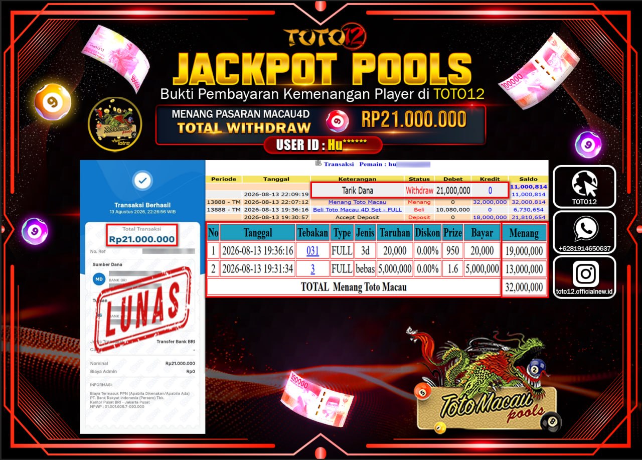 HANYA DI TOTO12 JP PASTI DI BAYAR LUNAS DAN CEPAT!!!!!! JACKPOT POOLS PASARAN (MACAU 4D) Rp21.000.000!!!!