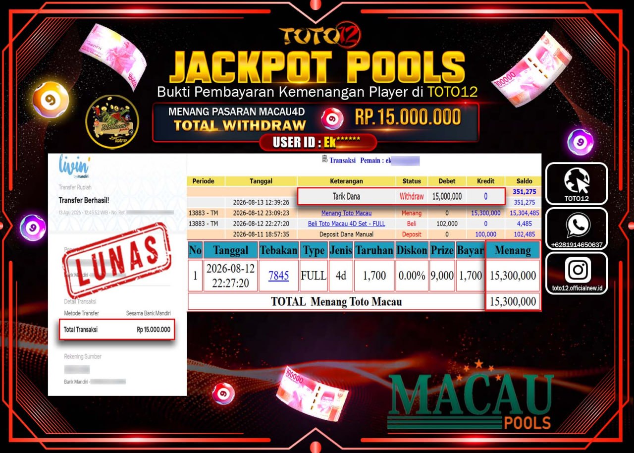 HANYA DI TOTO12 JP PASTI DI BAYAR LUNAS DAN CEPAT!!!!!! JACKPOT POOLS PASARAN (MACAU 4D) Rp15.000.000!!!!
