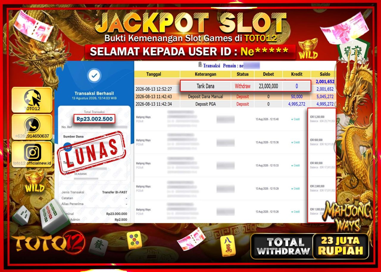 HANYA DI TOTO12 JP PASTI DI BAYAR LUNAS DAN CEPAT!!!!!! JACKPOT SLOT GAME (MAHJONG WAYS) Rp23.000.000!!!!