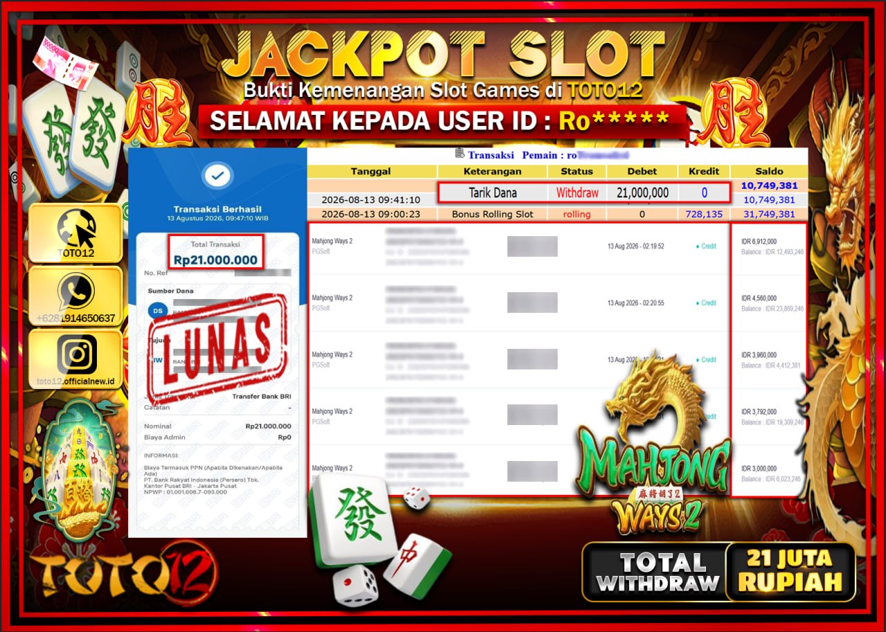 HANYA DI TOTO12 JP PASTI DI BAYAR LUNAS DAN CEPAT!!!!!! JACKPOT SLOT GAME (MAHJONG WAYS 2) Rp21.000.000!!!!