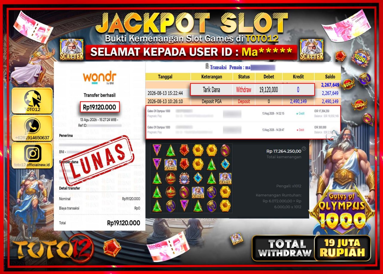 HANYA DI TOTO12 JP PASTI DI BAYAR LUNAS DAN CEPAT!!!!!! JACKPOT SLOT GAME (GATES OF OLYMPUS 1000) Rp19.120.000!!!!