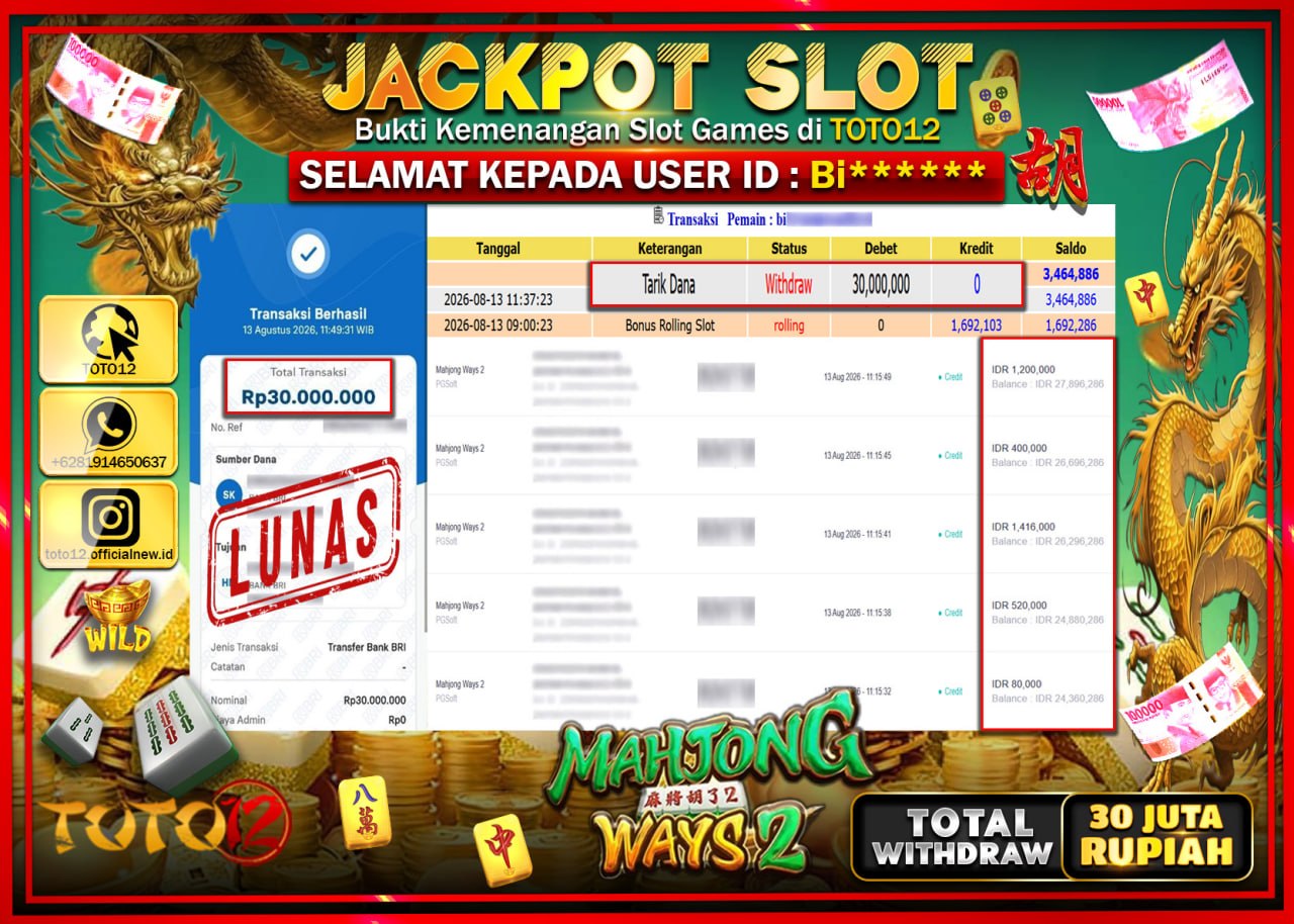 HANYA DI TOTO12 JP PASTI DI BAYAR LUNAS DAN CEPAT!!!!!! JACKPOT SLOT GAME (MAHJONG WAYS 2) Rp30.000.000!!!!