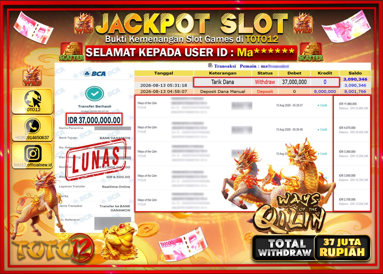 HANYA DI TOTO12 JP PASTI DI BAYAR LUNAS DAN CEPAT!!!!!! JACKPOT SLOT GAME (WAYS OF THE QILIN) Rp37.000.000!!!!