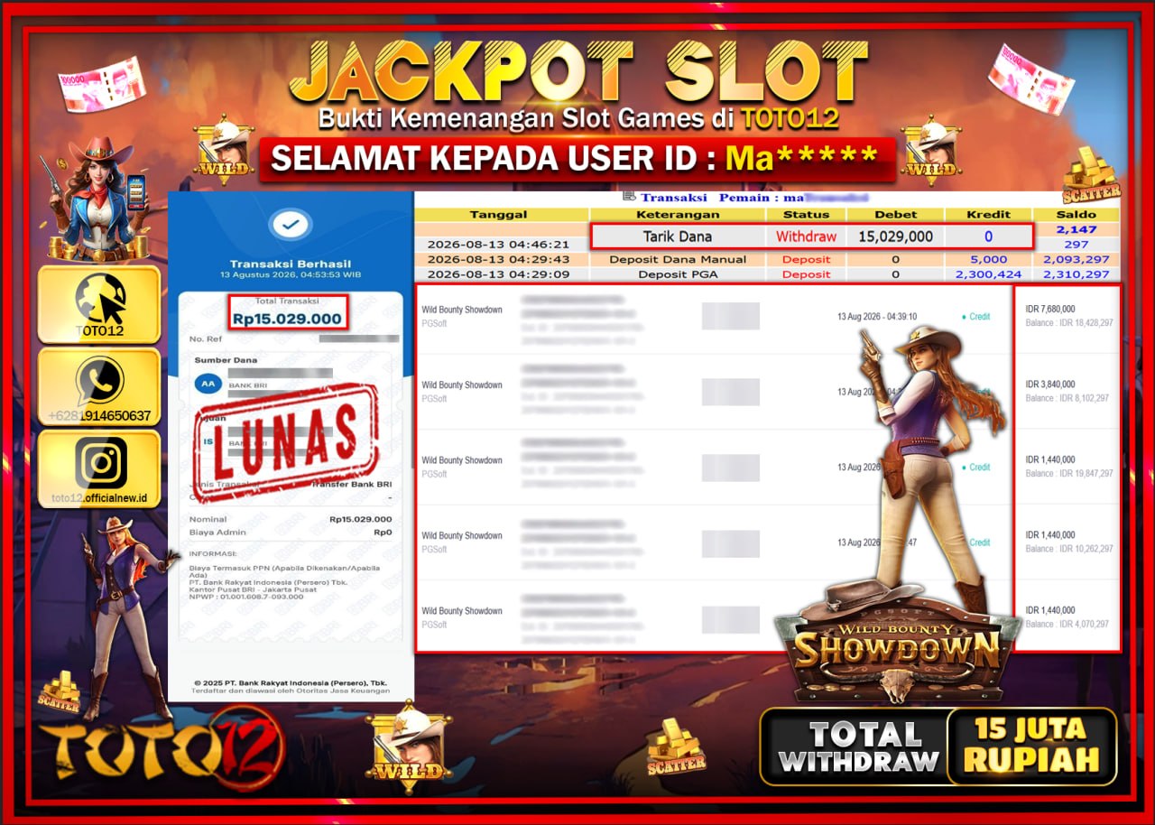 HANYA DI TOTO12 JP PASTI DI BAYAR LUNAS DAN CEPAT!!!!!! JACKPOT SLOT GAME (WILD BOUNTY SHOWDOWN) Rp15.029.000!!!!