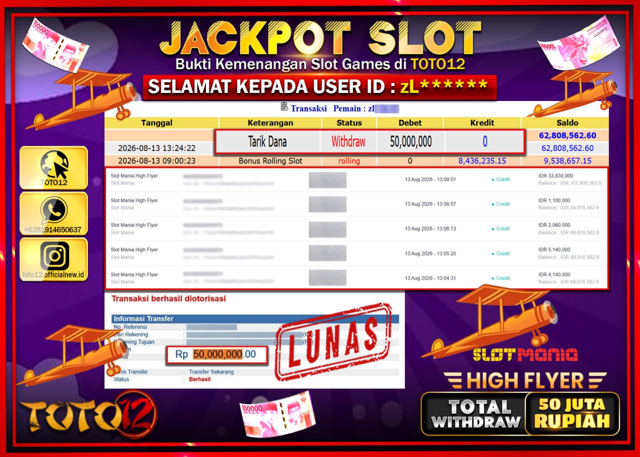 HANYA DI TOTO12 JP PASTI DI BAYAR LUNAS DAN CEPAT!!!!!! JACKPOT SLOT GAME (SLOT MANIA HIGH FLAYER) Rp50.000.000!!!!