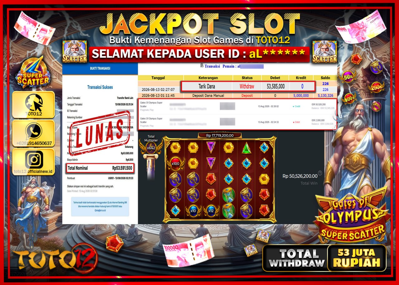 HANYA DI TOTO12 JP PASTI DI BAYAR LUNAS DAN CEPAT!!!!!! JACKPOT SLOT GAME (GATES OF OLYMPUS SUPER SCATTER) Rp53.585.000!!!!