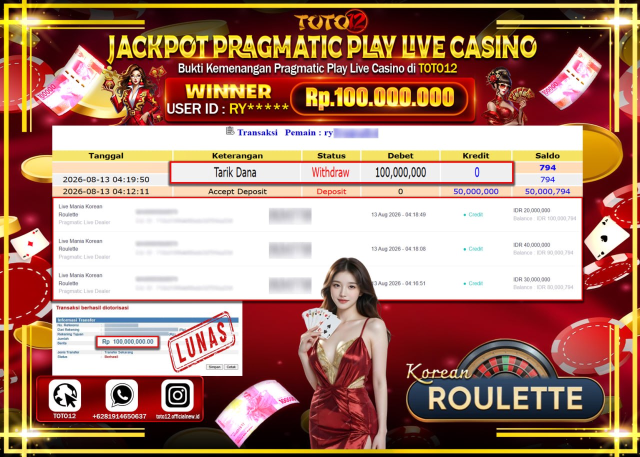 HANYA DI TOTO12 JP PASTI DI BAYAR LUNAS DAN CEPAT!!!!!! JACKPOT PRAGMATIC PLAY LIVE GAME CASINO (LIVE MANIA KOREAN ROULETTE) Rp100.000.000!!!!