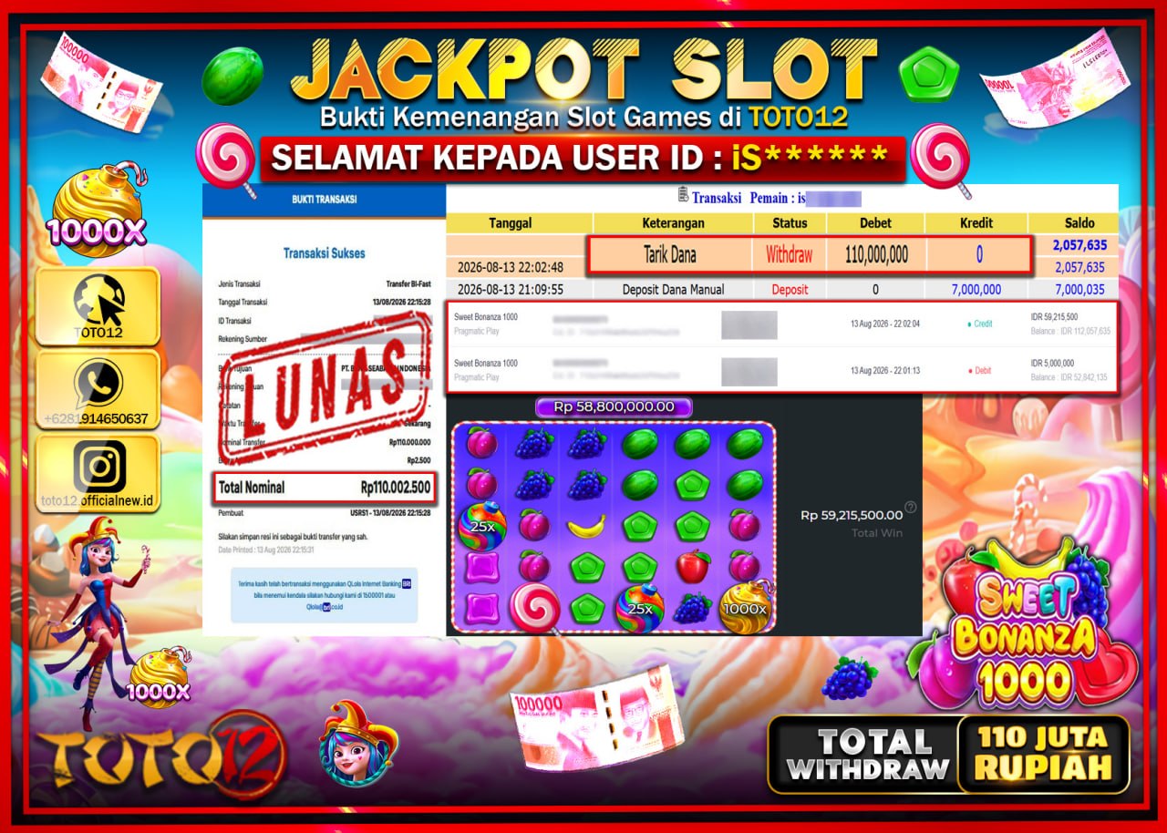 HANYA DI TOTO12 JP PASTI DI BAYAR LUNAS DAN CEPAT!!!!!! JACKPOT SLOT GAME (SWEET BONANZA 1000) Rp110.000.000!!!!