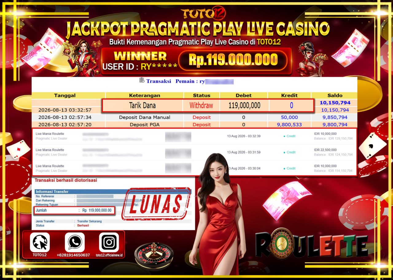HANYA DI TOTO12 JP PASTI DI BAYAR LUNAS DAN CEPAT!!!!!! JACKPOT PRAGMATIC PLAY LIVE GAME CASINO (LIVE MANIA ROULETTE) Rp119.000.000!!!!