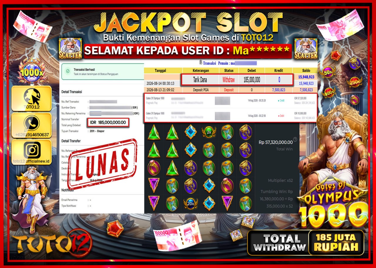 HANYA DI TOTO12 JP PASTI DI BAYAR LUNAS DAN CEPAT!!!!!! JACKPOT SLOT GAME (GATES OF OLYMPUS 1000) Rp185.000.000!!!!