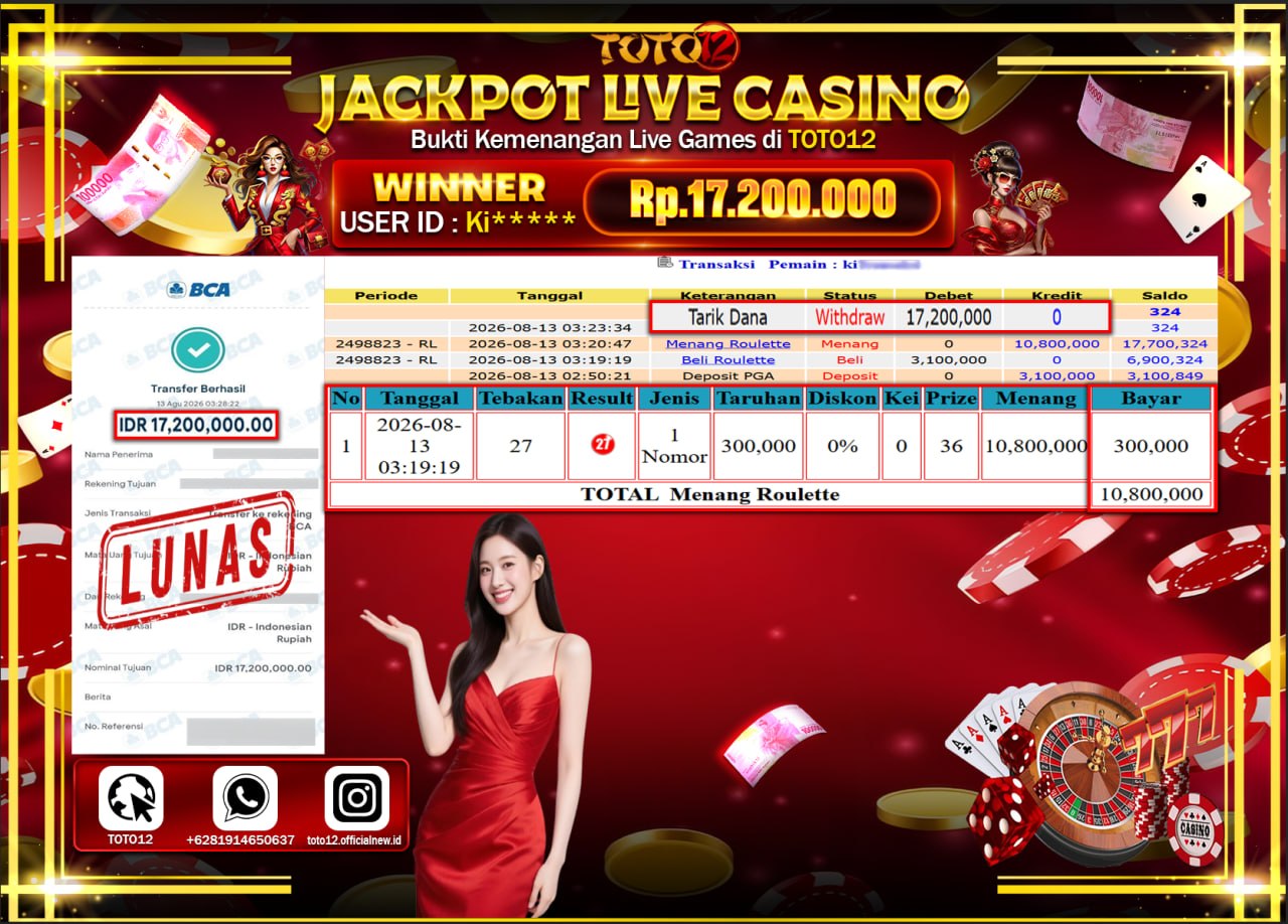 HANYA DI TOTO12 JP PASTI DI BAYAR LUNAS DAN CEPAT!!!!!! JACKPOT  LIVE GAME CASINO (ROULETTE) Rp17.200.000!!!!