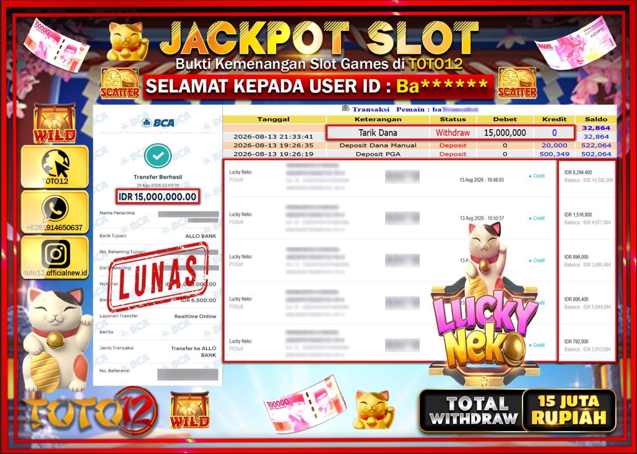 HANYA DI TOTO12 JP PASTI DI BAYAR LUNAS DAN CEPAT!!!!!! JACKPOT SLOT GAME (LUCKY NEKO) Rp15.000.000!!!!