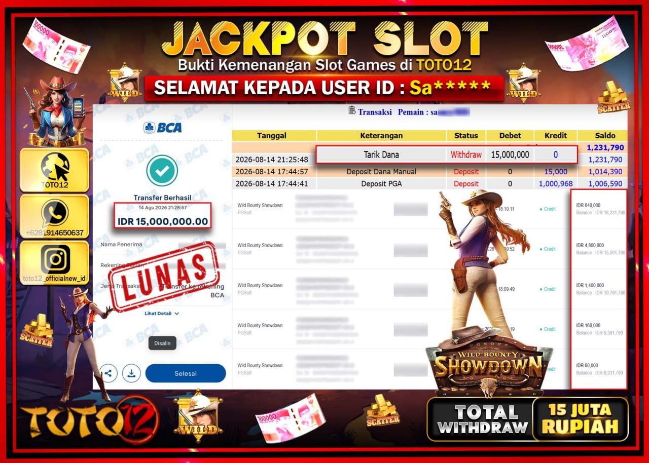 HANYA DI TOTO12 JP PASTI DI BAYAR LUNAS DAN CEPAT!!!!!! JACKPOT SLOT GAME (WILD BOUNTY SHOWDOWN) Rp15.000.000!!!!