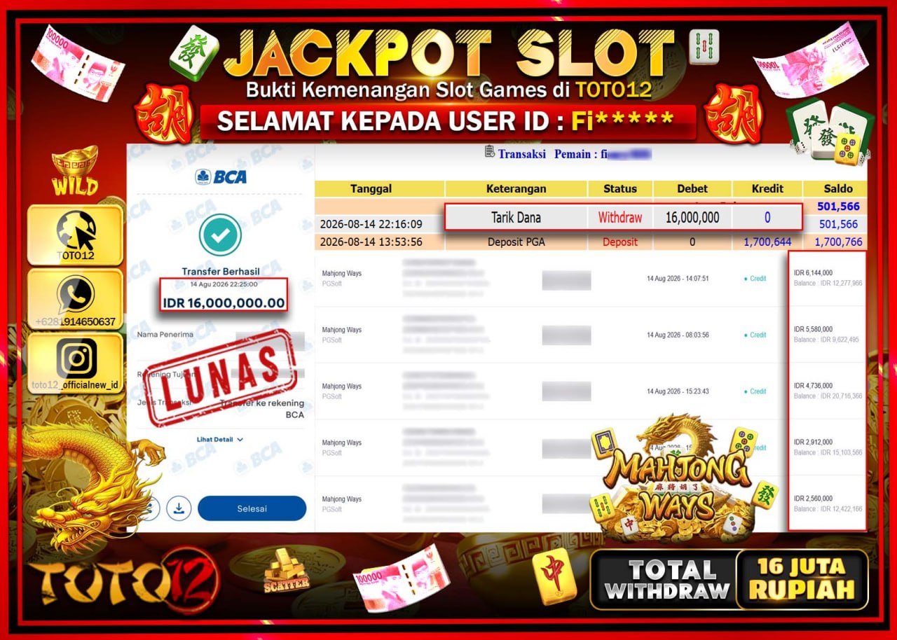 HANYA DI TOTO12 JP PASTI DI BAYAR LUNAS DAN CEPAT!!!!!! JACKPOT SLOT GAME (MAHJONG WAYS) Rp16.000.000!!!!