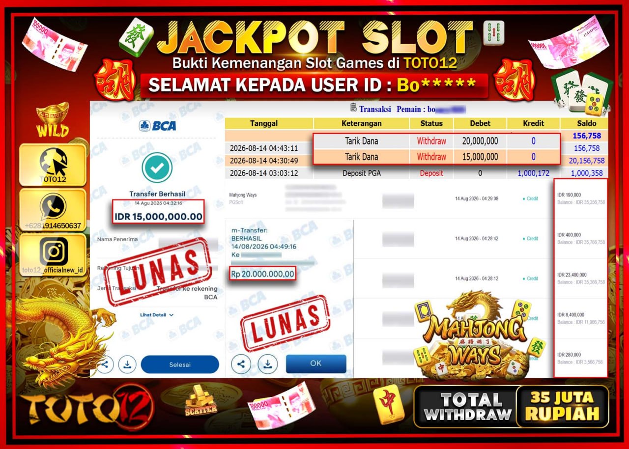 HANYA DI TOTO12 JP PASTI DI BAYAR LUNAS DAN CEPAT!!!!!! JACKPOT SLOT GAME (MAHJONG WAYS) Rp35.000.000!!!!