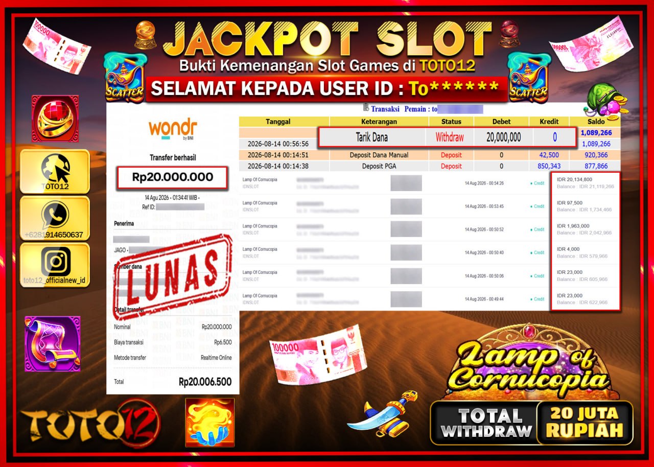 HANYA DI TOTO12 JP PASTI DI BAYAR LUNAS DAN CEPAT!!!!!! JACKPOT SLOT GAME (LAMP OF CORNUCOPIA) Rp20.000.000!!!!