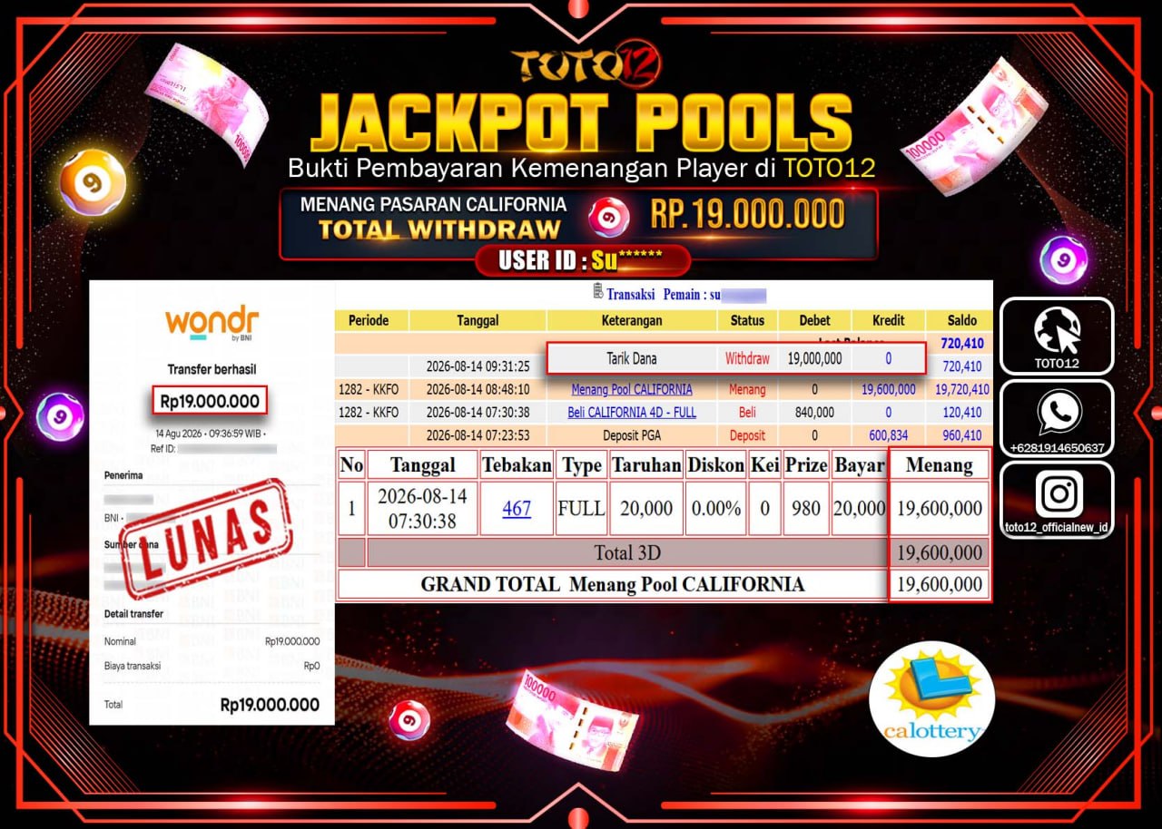 HANYA DI TOTO12 JP PASTI DI BAYAR LUNAS DAN CEPAT!!!!!! JACKPOT POOLS PASARAN (CALIFORNIA) Rp19.000.000!!!!