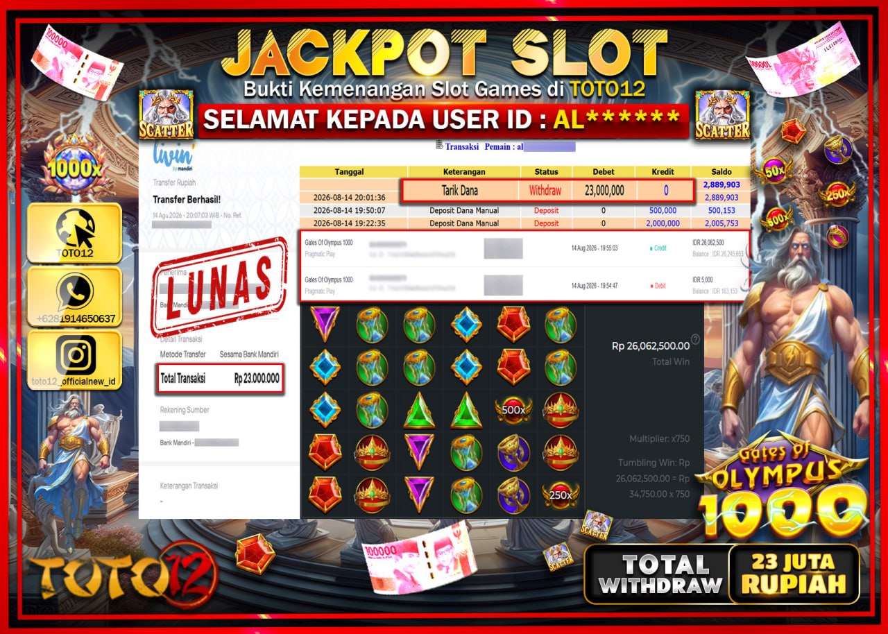 HANYA DI TOTO12 JP PASTI DI BAYAR LUNAS DAN CEPAT!!!!!! JACKPOT SLOT GAME (GATES OF OLYMPUS 1000) Rp23.000.000!!!!