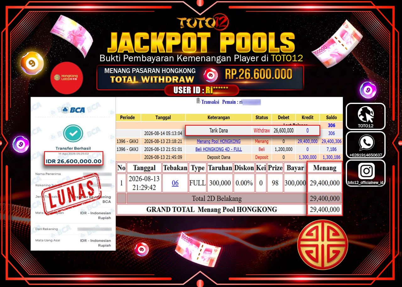 HANYA DI TOTO12 JP PASTI DI BAYAR LUNAS DAN CEPAT!!!!!! JACKPOT POOLS PASARAN (HONGKONG) Rp26.600.000!!!!