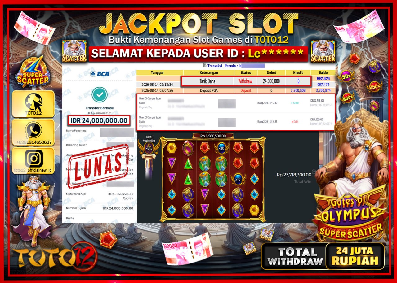 HANYA DI TOTO12 JP PASTI DI BAYAR LUNAS DAN CEPAT!!!!!! JACKPOT SLOT GAME (GATES OF OLYMPUS SUPER SCATTER) Rp24.000.000!!!!