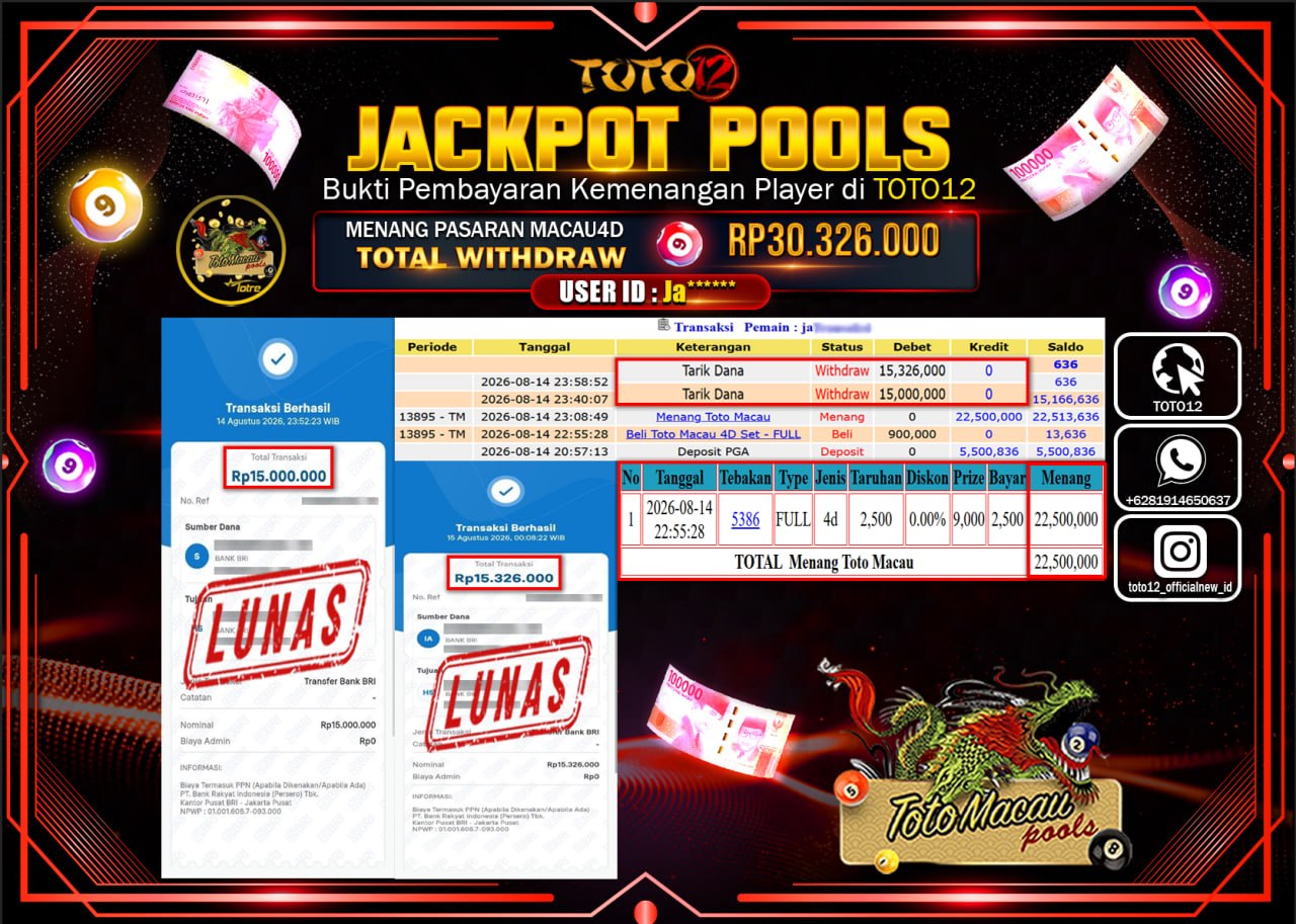 HANYA DI TOTO12 JP PASTI DI BAYAR LUNAS DAN CEPAT!!!!!! JACKPOT POOLS PASARAN (MACAU 4D) Rp30.326.000!!!!