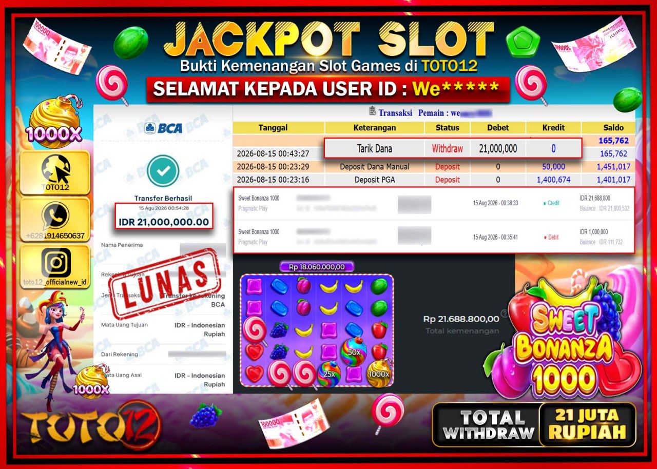 HANYA DI TOTO12 JP PASTI DI BAYAR LUNAS DAN CEPAT!!!!!! JACKPOT SLOT GAME (SWEET BONANZA 1000) Rp21.000.000!!!!