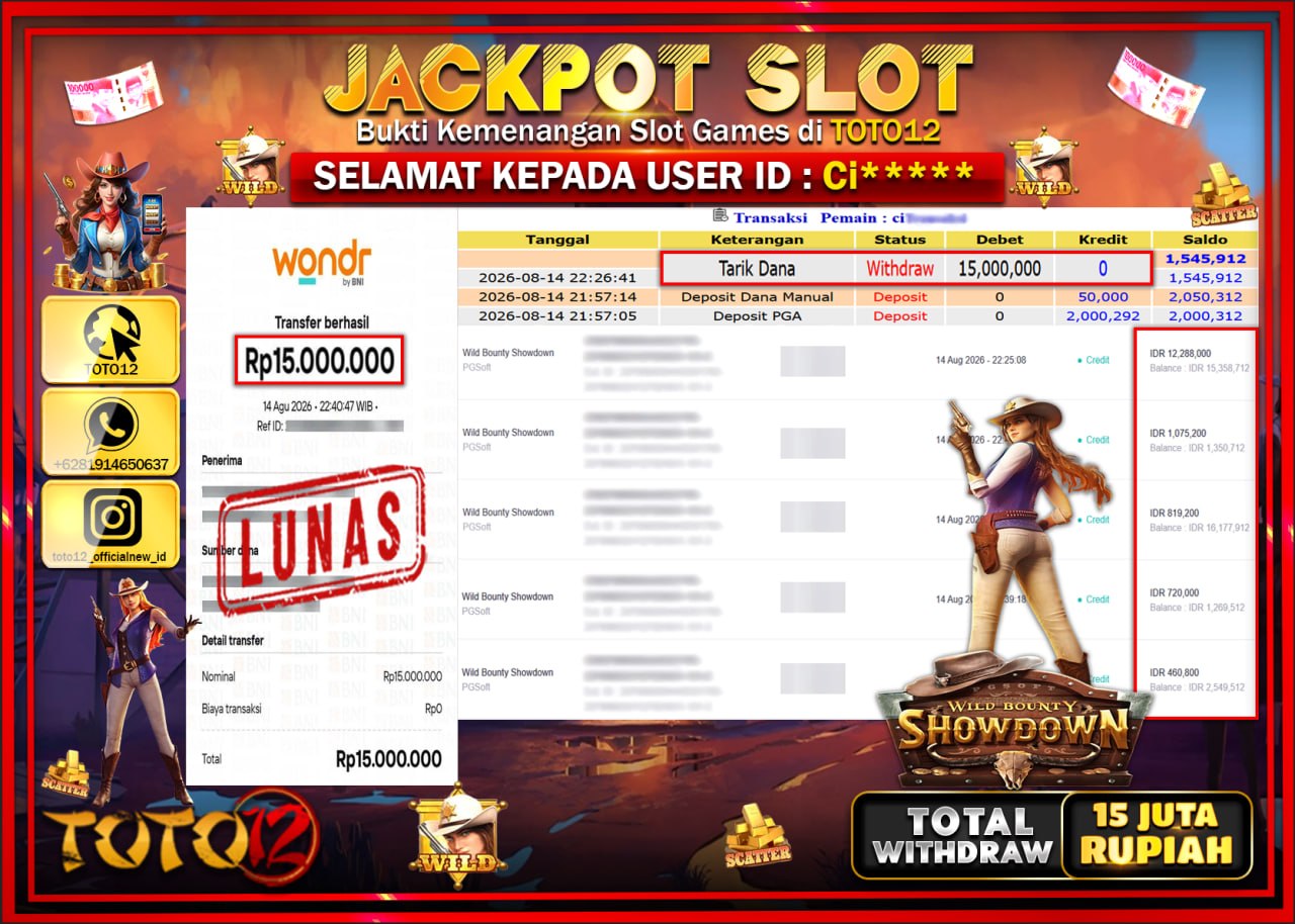 HANYA DI TOTO12 JP PASTI DI BAYAR LUNAS DAN CEPAT!!!!!! JACKPOT SLOT GAME (WILD BOUNTY SHOWDOWN) Rp15.000.000!!!!
