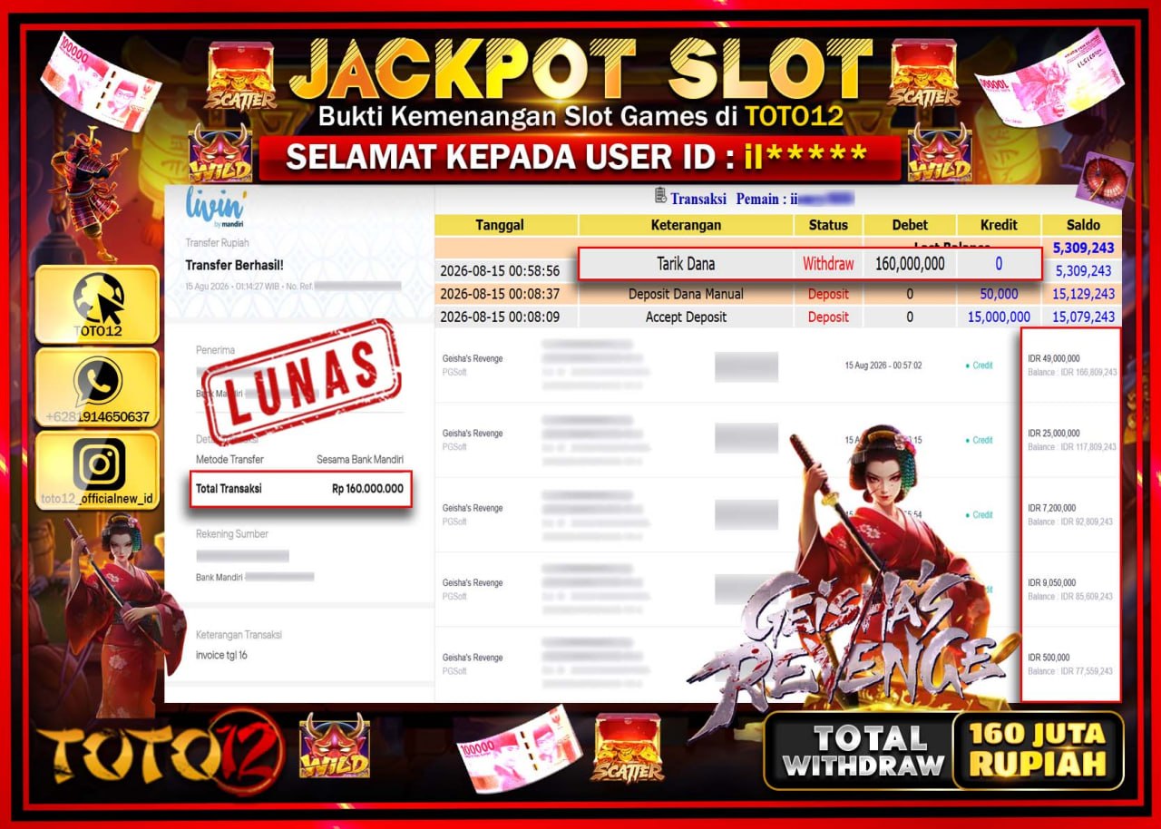 HANYA DI TOTO12 JP PASTI DI BAYAR LUNAS DAN CEPAT!!!!!! JACKPOT SLOT GAME (GEISHAS REVENGE) Rp160.000.000!!!!