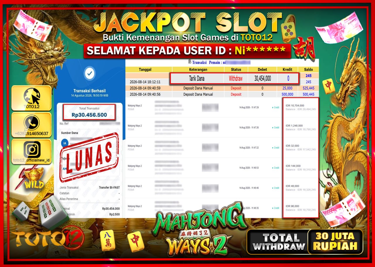 HANYA DI TOTO12 JP PASTI DI BAYAR LUNAS DAN CEPAT!!!!!! JACKPOT SLOT GAME (MAHJONG WAYS 2) Rp30.454.000!!!!