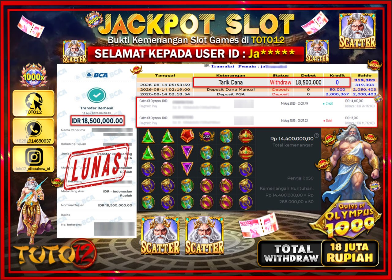 HANYA DI TOTO12 JP PASTI DI BAYAR LUNAS DAN CEPAT!!!!!! JACKPOT SLOT GAME (GATES OF OLYMPUS 1000) Rp18.500.000!!!!