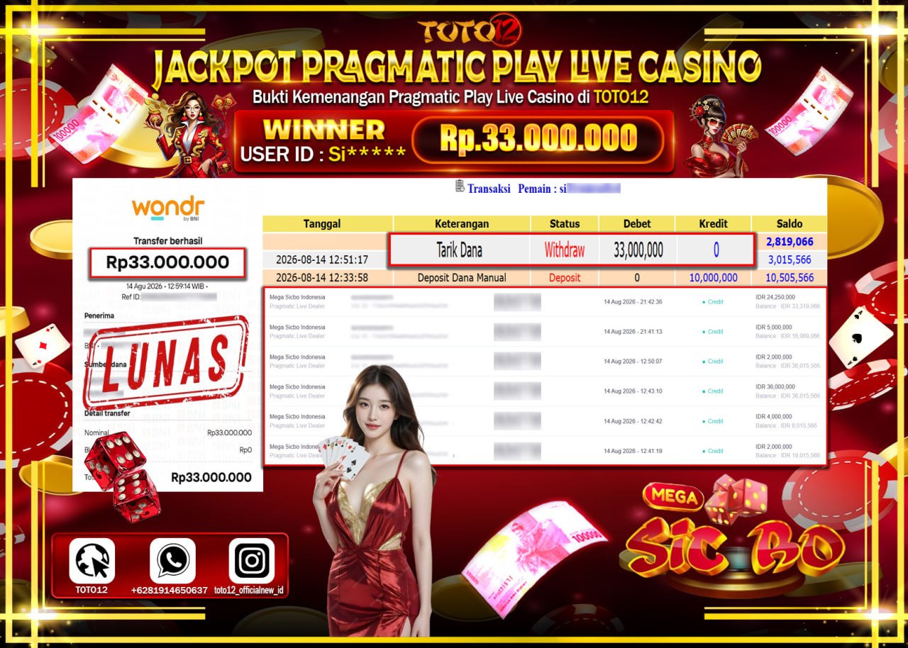 HANYA DI TOTO12 JP PASTI DI BAYAR LUNAS DAN CEPAT!!!!!! JACKPOT PRAGMATIC PLAY LIVE GAME CASINO (MEGA SICBO INDONESIA) Rp33.000.000!!!!