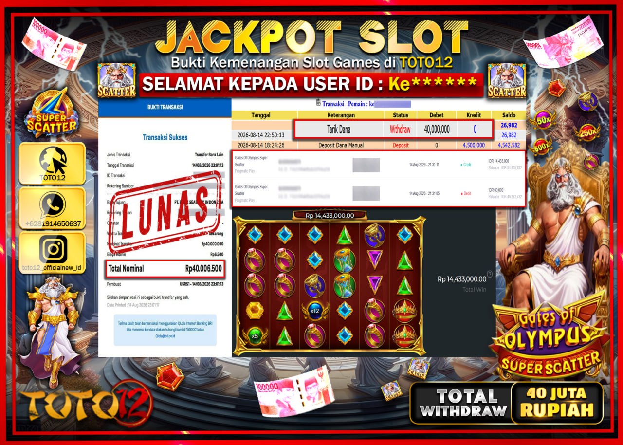 HANYA DI TOTO12 JP PASTI DI BAYAR LUNAS DAN CEPAT!!!!!! JACKPOT SLOT GAME (GATES OF OLYMPUS SUPER SCATTER) Rp40.000.000!!!!