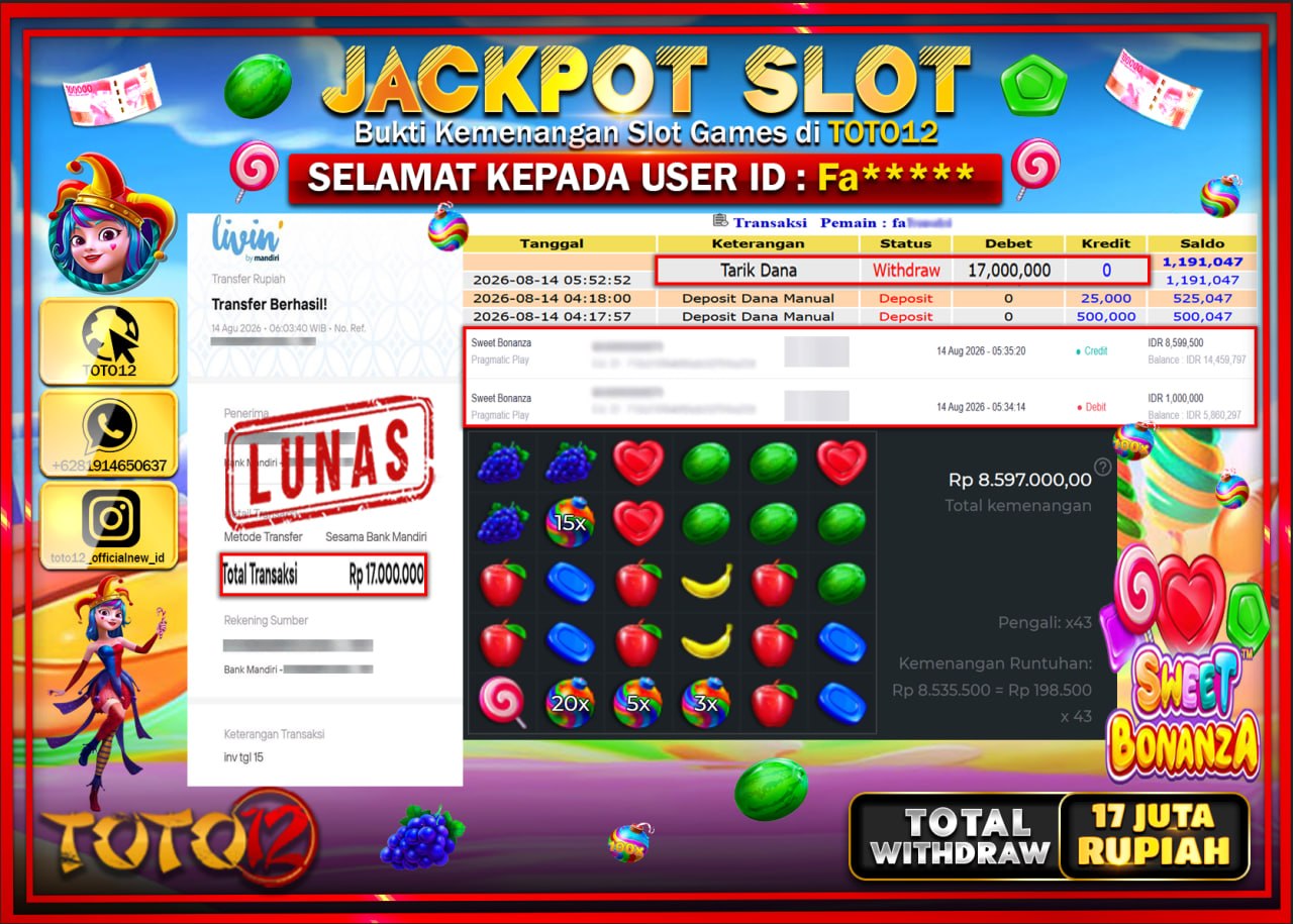 HANYA DI TOTO12 JP PASTI DI BAYAR LUNAS DAN CEPAT!!!!!! JACKPOT SLOT GAME (SWEET BONANZA) Rp17.000.000!!!!