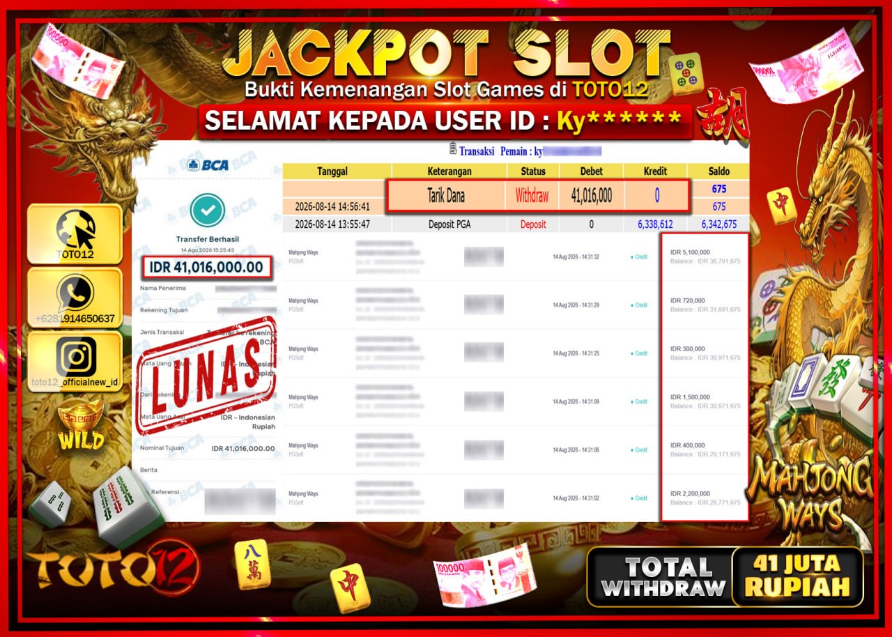 HANYA DI TOTO12 JP PASTI DI BAYAR LUNAS DAN CEPAT!!!!!! JACKPOT SLOT GAME (MAHJONG WAYS) Rp41.016.000!!!!