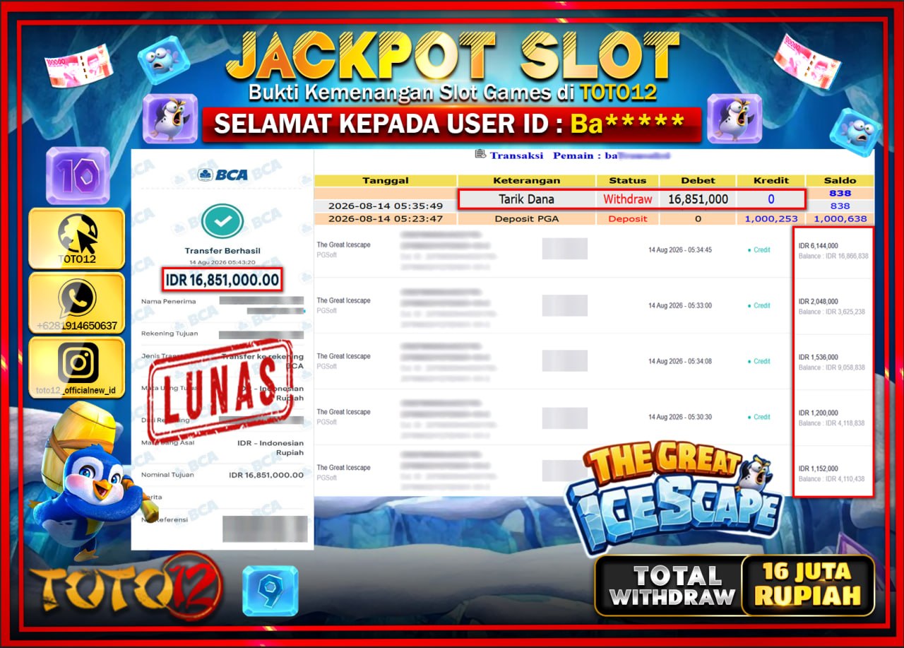 HANYA DI TOTO12 JP PASTI DI BAYAR LUNAS DAN CEPAT!!!!!! JACKPOT SLOT GAME (THE GREAT ICESCAPE) Rp16.851.000!!!!