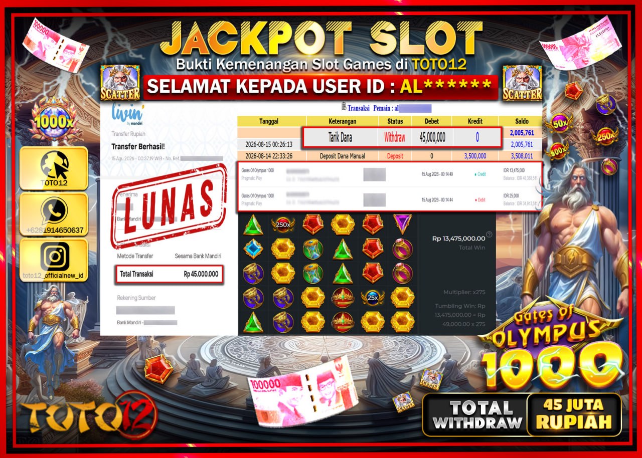 HANYA DI TOTO12 JP PASTI DI BAYAR LUNAS DAN CEPAT!!!!!! JACKPOT SLOT GAME (GATES OF OLYMPUS 1000) Rp45.000.000!!!!