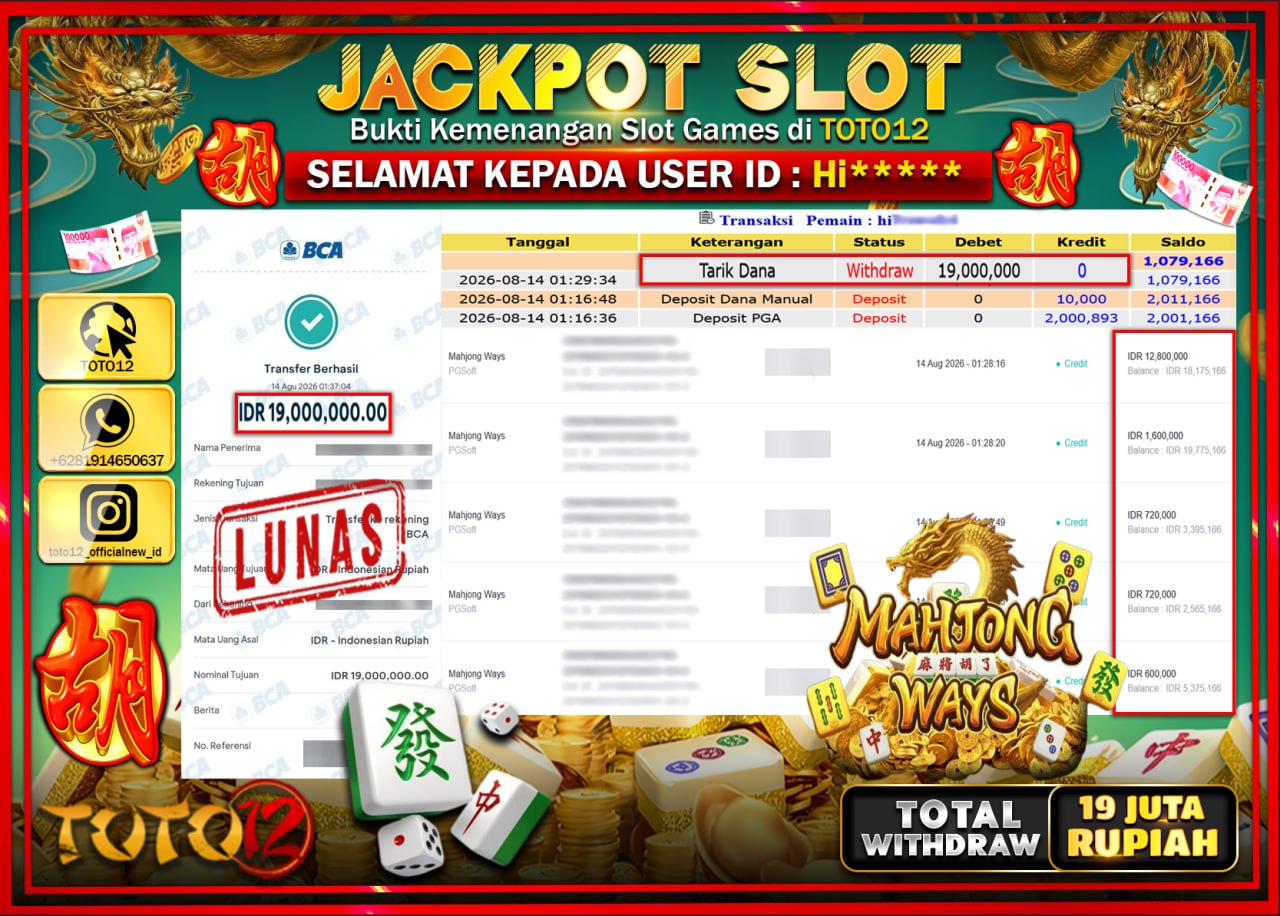 HANYA DI TOTO12 JP PASTI DI BAYAR LUNAS DAN CEPAT!!!!!! JACKPOT SLOT GAME (MAHJONG WAYS) Rp19.000.000!!!!