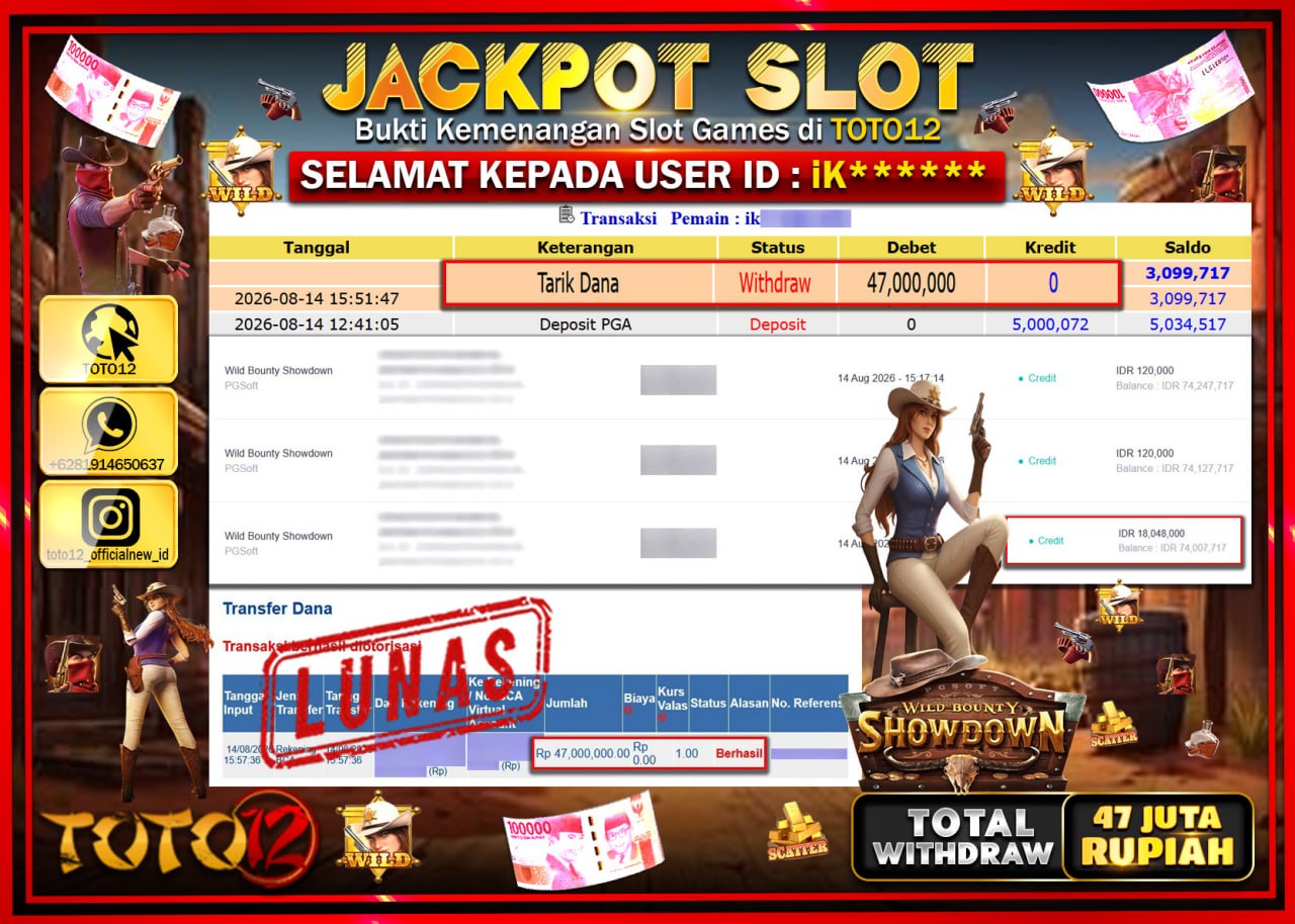 HANYA DI TOTO12 JP PASTI DI BAYAR LUNAS DAN CEPAT!!!!!! JACKPOT SLOT GAME (WILD BOUNTY SHOWDOWN) Rp47.000.000!!!!