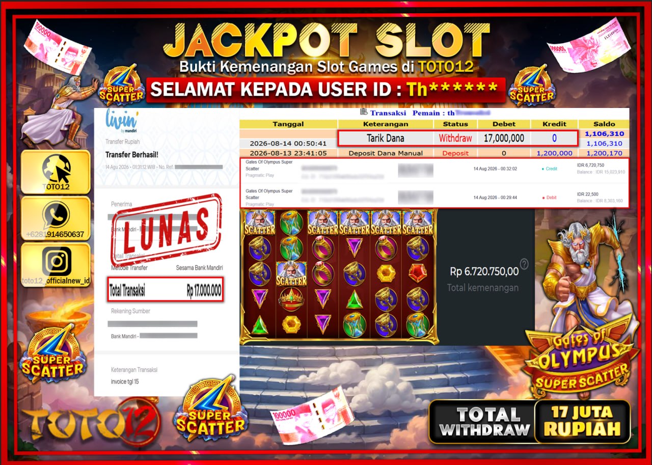 HANYA DI TOTO12 JP PASTI DI BAYAR LUNAS DAN CEPAT!!!!!! JACKPOT SLOT GAME (GATES OF OLYMPUS SUPER SCATTER) Rp17.000.000!!!!