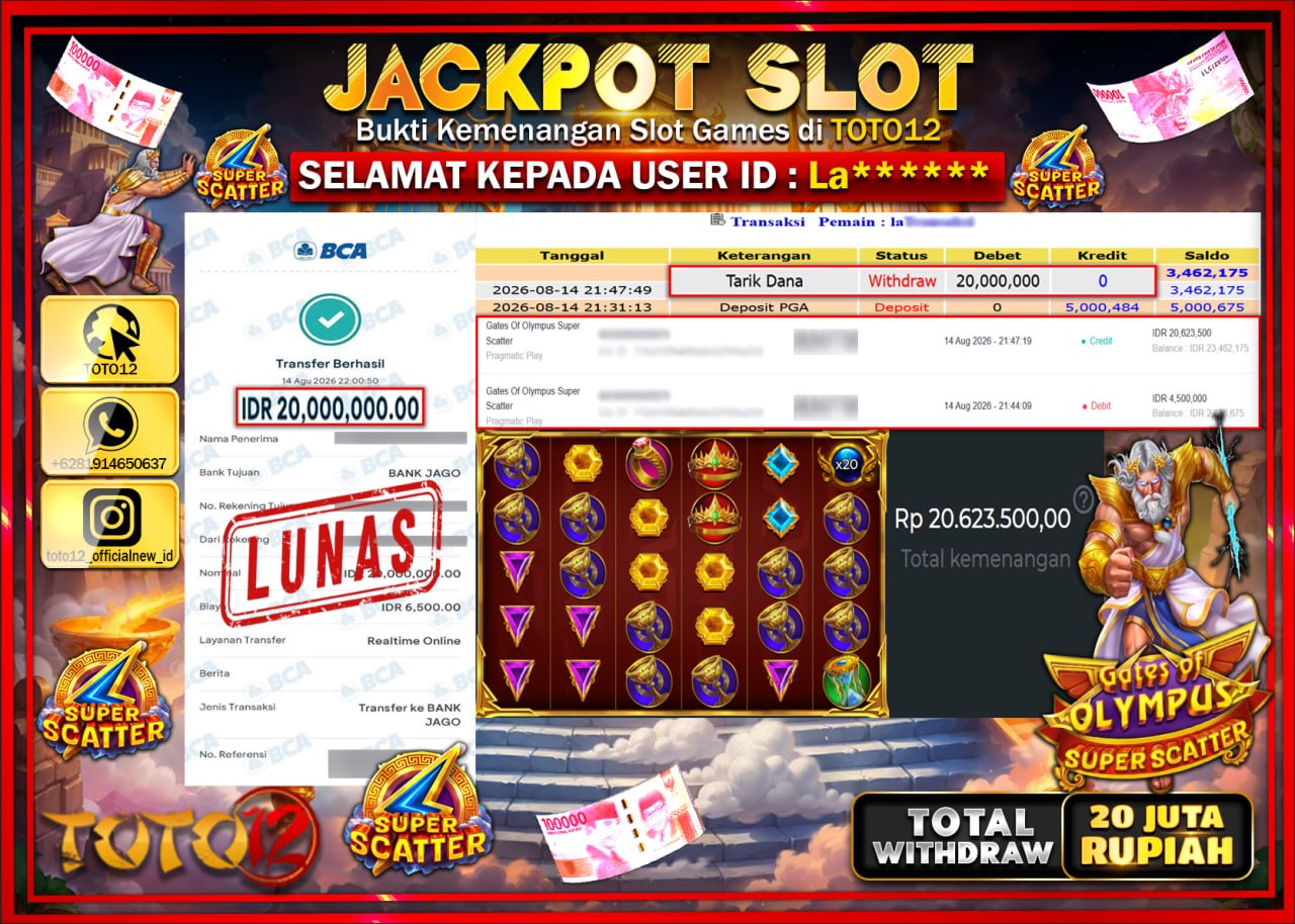 HANYA DI TOTO12 JP PASTI DI BAYAR LUNAS DAN CEPAT!!!!!! JACKPOT SLOT GAME (GATES OF OLYMPUS SUPER SCATTER) Rp20.000.000!!!!