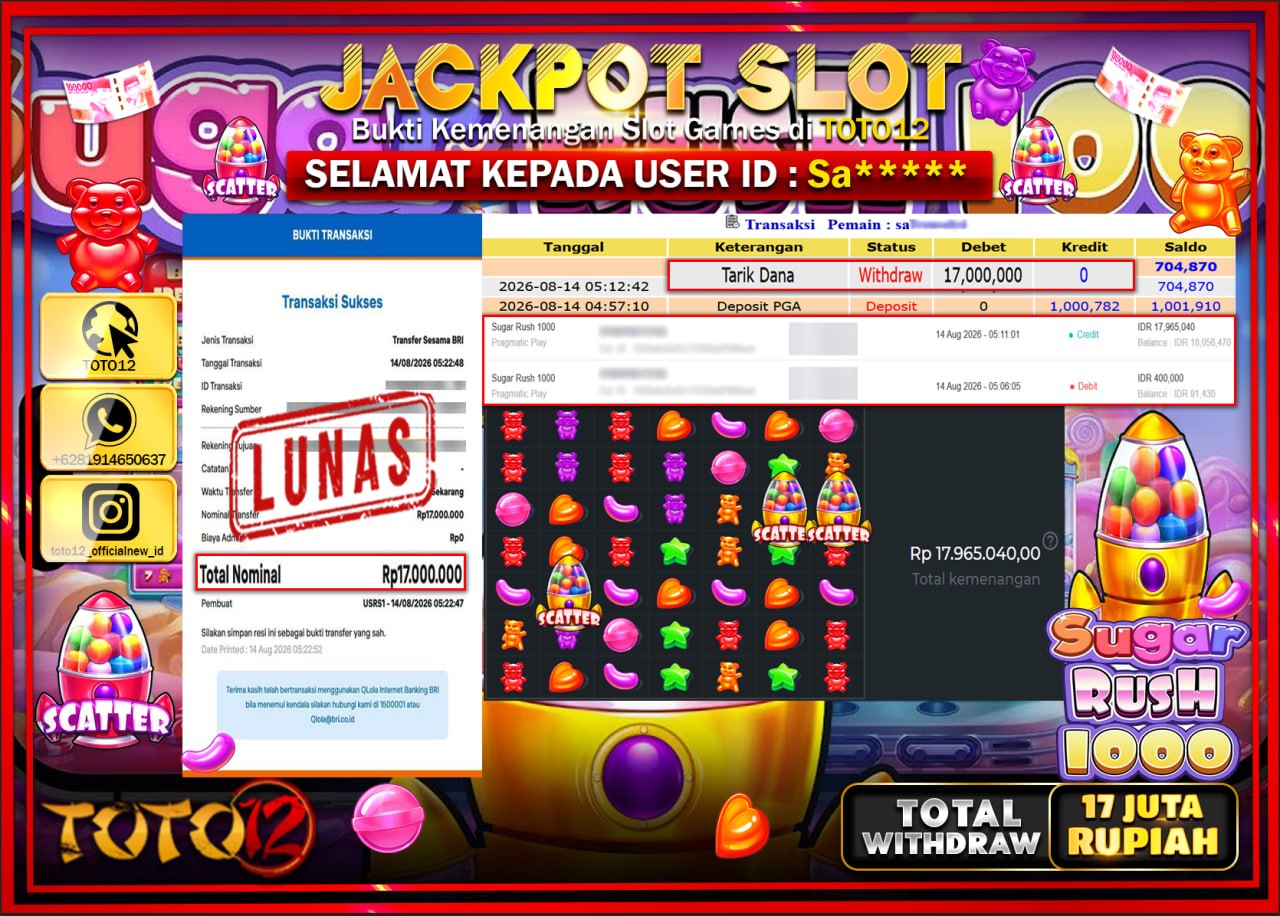 HANYA DI TOTO12 JP PASTI DI BAYAR LUNAS DAN CEPAT!!!!!! JACKPOT SLOT GAME (SUGAR RUSH 1000) Rp17.000.000!!!!