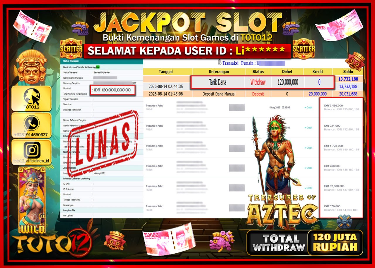 HANYA DI TOTO12 JP PASTI DI BAYAR LUNAS DAN CEPAT!!!!!! JACKPOT SLOT GAME (TREASURES OF AZTEC) Rp120.000.000!!!!